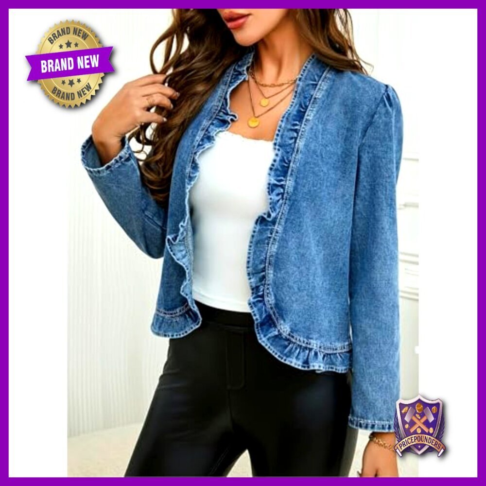 Ruffled Denim Jacket Cropped Open Front Long Sleeve Chic Y2K Trendy - Picture 3 of 5